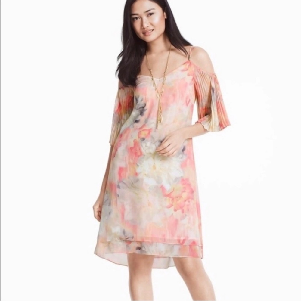 White House Black Market Floral Watercolor Cold Shoulder Shift Dress